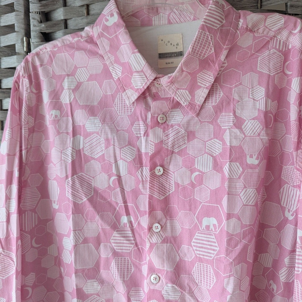 Nicobar Mens Slim Fit Pink Geometric Honeycomb Elephant Print Button Down Shirt
